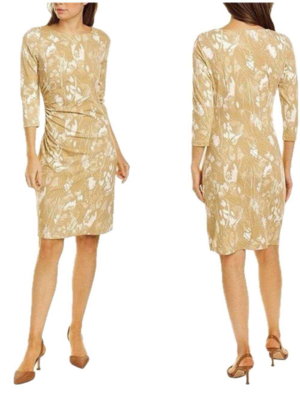 J McLaughlin Sage Sheath Dress XL Ruched Side 3/4 Sleeve Beige Business Casual
